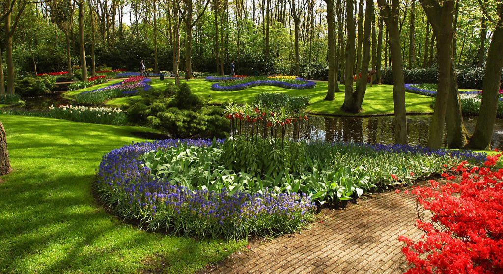 brick walkway near a pond