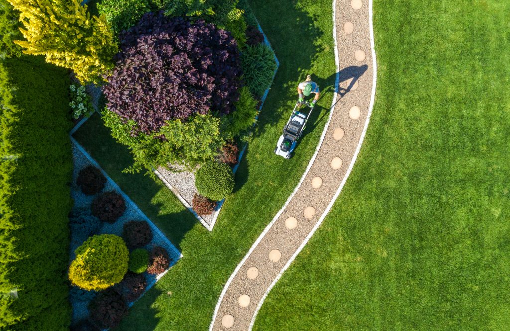 Backyard Garden Grass Mowing Aerial View